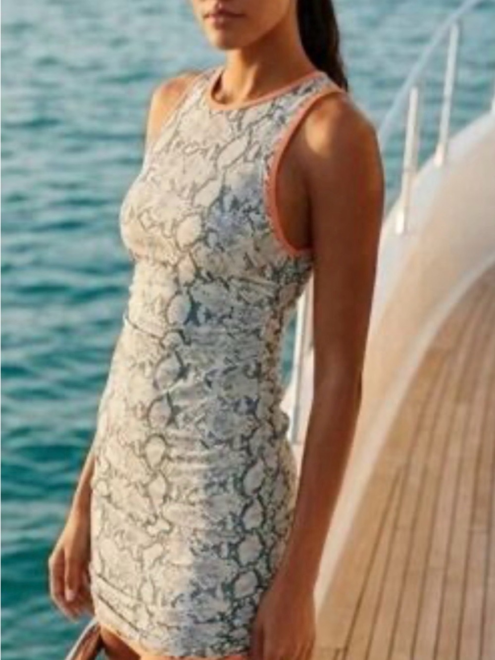 Anthropologie soft stretch Snake-Print Midi Dress with Orange Trim